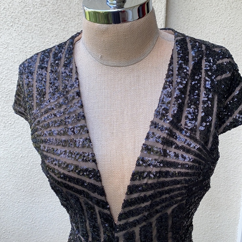 Rubber Ducky black gorgeous sequin low cut dress w/ slit up the front at bottom. - Picture 5 of 14